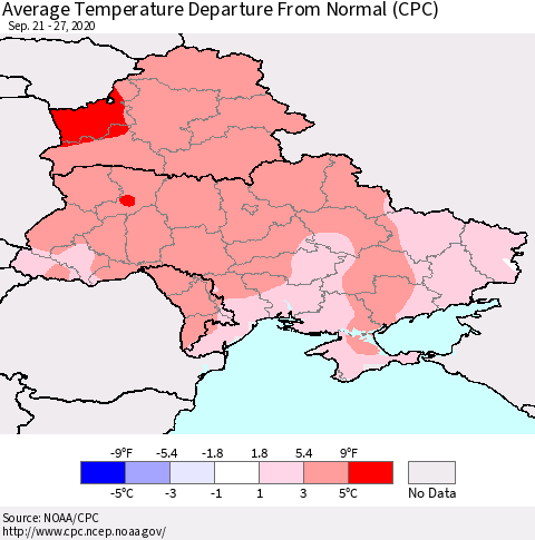 Ukraine, Moldova and Belarus Average Temperature Departure from Normal (CPC) Thematic Map For 9/21/2020 - 9/27/2020