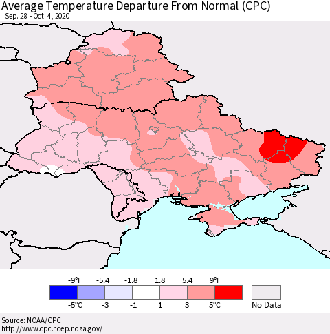 Ukraine, Moldova and Belarus Average Temperature Departure from Normal (CPC) Thematic Map For 9/28/2020 - 10/4/2020