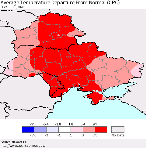 Ukraine, Moldova and Belarus Average Temperature Departure from Normal (CPC) Thematic Map For 10/5/2020 - 10/11/2020