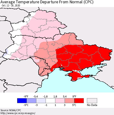 Ukraine, Moldova and Belarus Average Temperature Departure from Normal (CPC) Thematic Map For 10/12/2020 - 10/18/2020