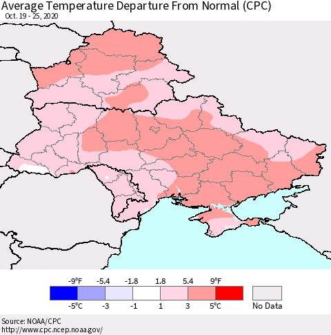 Ukraine, Moldova and Belarus Average Temperature Departure from Normal (CPC) Thematic Map For 10/19/2020 - 10/25/2020
