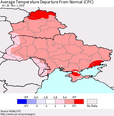 Ukraine, Moldova and Belarus Average Temperature Departure from Normal (CPC) Thematic Map For 10/26/2020 - 11/1/2020