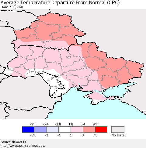 Ukraine, Moldova and Belarus Average Temperature Departure from Normal (CPC) Thematic Map For 11/2/2020 - 11/8/2020
