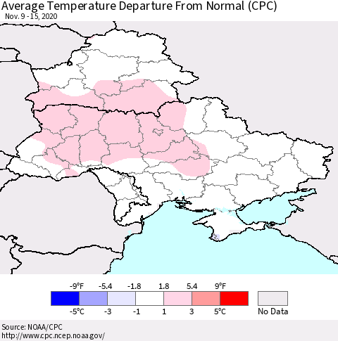Ukraine, Moldova and Belarus Average Temperature Departure from Normal (CPC) Thematic Map For 11/9/2020 - 11/15/2020