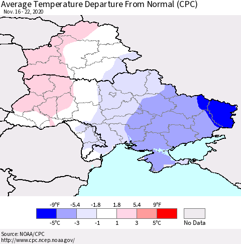 Ukraine, Moldova and Belarus Average Temperature Departure from Normal (CPC) Thematic Map For 11/16/2020 - 11/22/2020