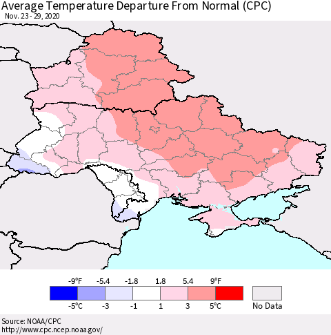 Ukraine, Moldova and Belarus Average Temperature Departure from Normal (CPC) Thematic Map For 11/23/2020 - 11/29/2020
