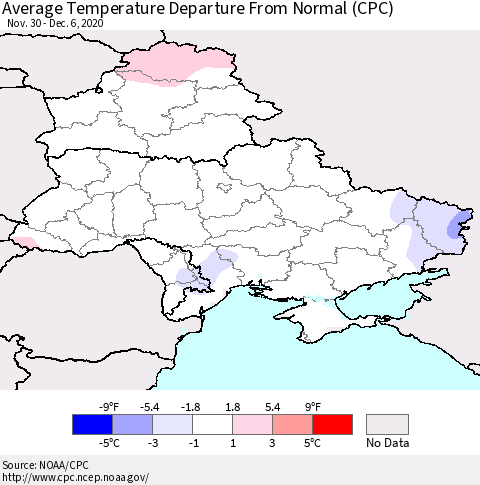 Ukraine, Moldova and Belarus Average Temperature Departure from Normal (CPC) Thematic Map For 11/30/2020 - 12/6/2020