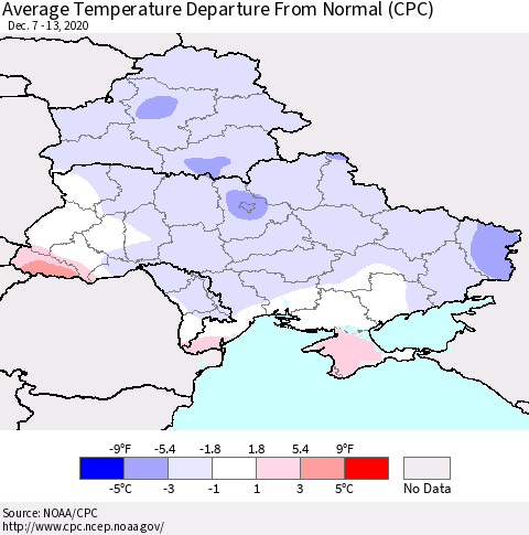 Ukraine, Moldova and Belarus Average Temperature Departure from Normal (CPC) Thematic Map For 12/7/2020 - 12/13/2020