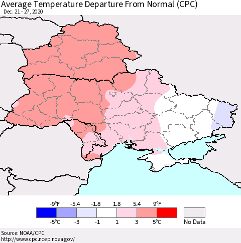 Ukraine, Moldova and Belarus Average Temperature Departure from Normal (CPC) Thematic Map For 12/21/2020 - 12/27/2020