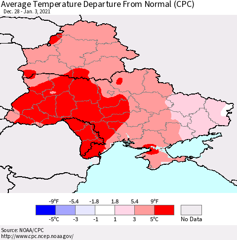 Ukraine, Moldova and Belarus Average Temperature Departure from Normal (CPC) Thematic Map For 12/28/2020 - 1/3/2021