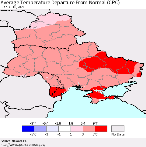 Ukraine, Moldova and Belarus Average Temperature Departure From Normal (CPC) Thematic Map For 1/4/2021 - 1/10/2021