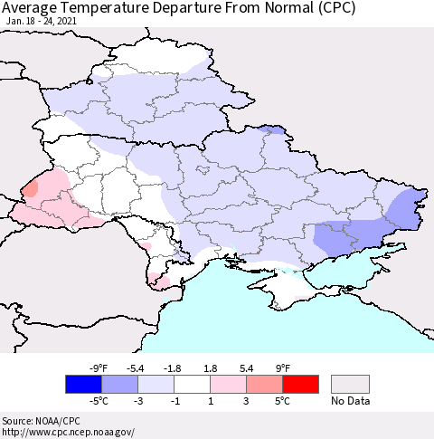 Ukraine, Moldova and Belarus Average Temperature Departure From Normal (CPC) Thematic Map For 1/18/2021 - 1/24/2021