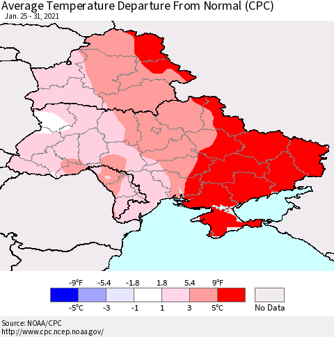 Ukraine, Moldova and Belarus Average Temperature Departure from Normal (CPC) Thematic Map For 1/25/2021 - 1/31/2021