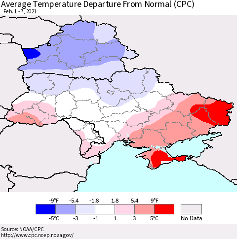 Ukraine, Moldova and Belarus Average Temperature Departure from Normal (CPC) Thematic Map For 2/1/2021 - 2/7/2021