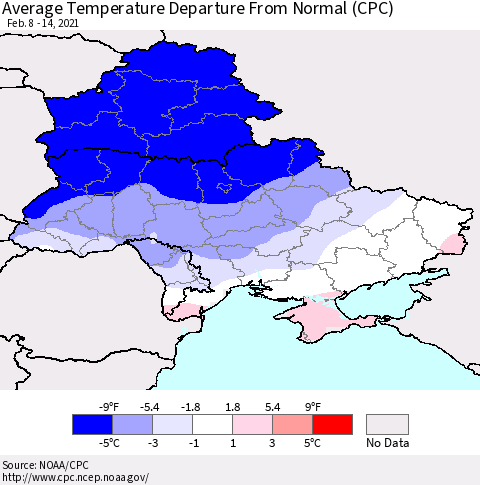 Ukraine, Moldova and Belarus Average Temperature Departure from Normal (CPC) Thematic Map For 2/8/2021 - 2/14/2021