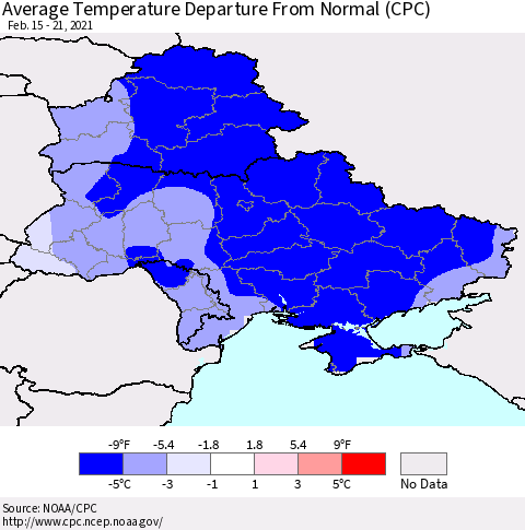 Ukraine, Moldova and Belarus Average Temperature Departure From Normal (CPC) Thematic Map For 2/15/2021 - 2/21/2021