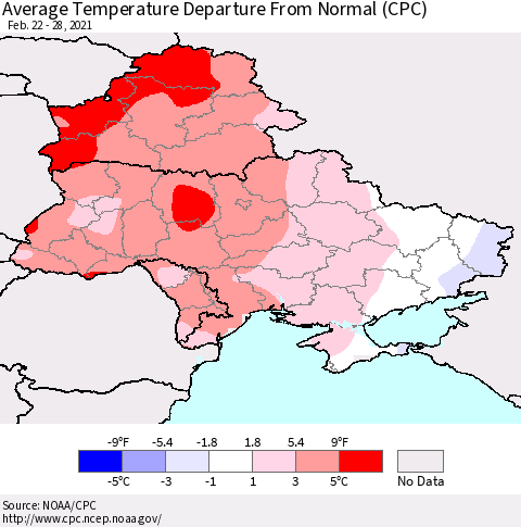 Ukraine, Moldova and Belarus Average Temperature Departure From Normal (CPC) Thematic Map For 2/22/2021 - 2/28/2021