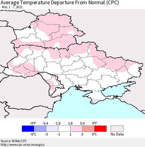 Ukraine, Moldova and Belarus Average Temperature Departure from Normal (CPC) Thematic Map For 3/1/2021 - 3/7/2021