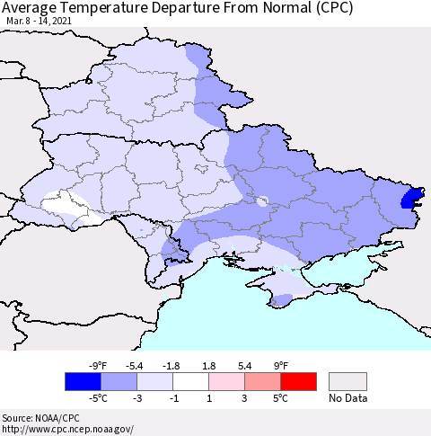 Ukraine, Moldova and Belarus Average Temperature Departure From Normal (CPC) Thematic Map For 3/8/2021 - 3/14/2021