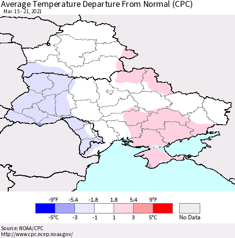 Ukraine, Moldova and Belarus Average Temperature Departure from Normal (CPC) Thematic Map For 3/15/2021 - 3/21/2021