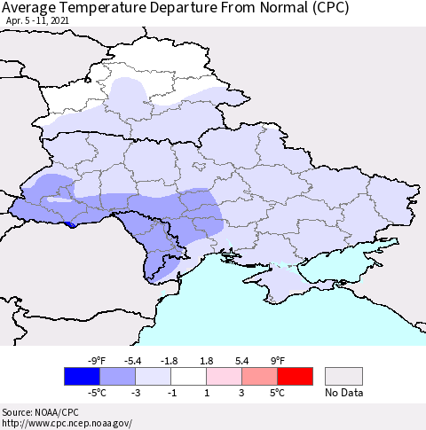 Ukraine, Moldova and Belarus Average Temperature Departure from Normal (CPC) Thematic Map For 4/5/2021 - 4/11/2021