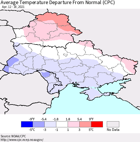 Ukraine, Moldova and Belarus Average Temperature Departure from Normal (CPC) Thematic Map For 4/12/2021 - 4/18/2021