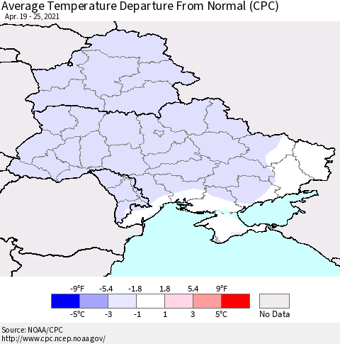 Ukraine, Moldova and Belarus Average Temperature Departure from Normal (CPC) Thematic Map For 4/19/2021 - 4/25/2021