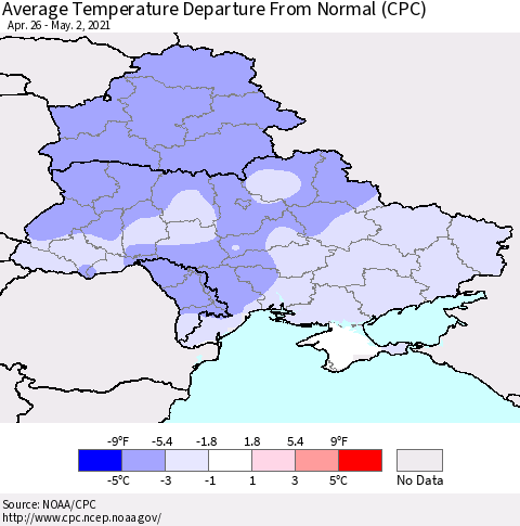 Ukraine, Moldova and Belarus Average Temperature Departure from Normal (CPC) Thematic Map For 4/26/2021 - 5/2/2021