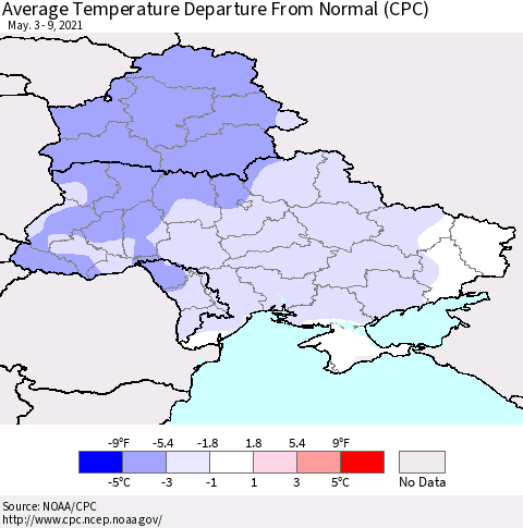 Ukraine, Moldova and Belarus Average Temperature Departure from Normal (CPC) Thematic Map For 5/3/2021 - 5/9/2021