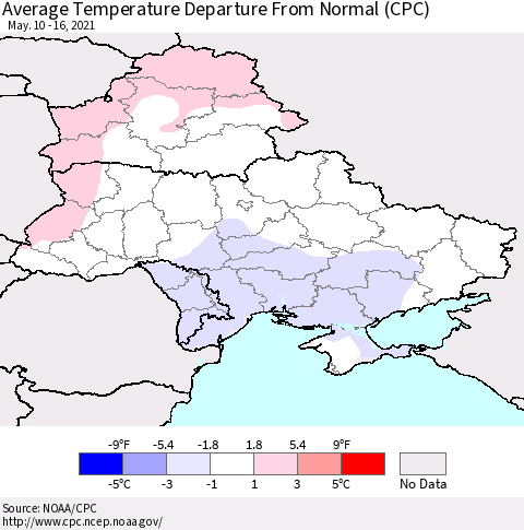 Ukraine, Moldova and Belarus Average Temperature Departure from Normal (CPC) Thematic Map For 5/10/2021 - 5/16/2021