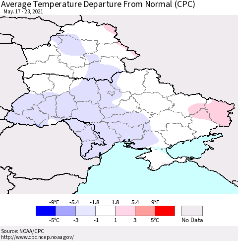 Ukraine, Moldova and Belarus Average Temperature Departure from Normal (CPC) Thematic Map For 5/17/2021 - 5/23/2021