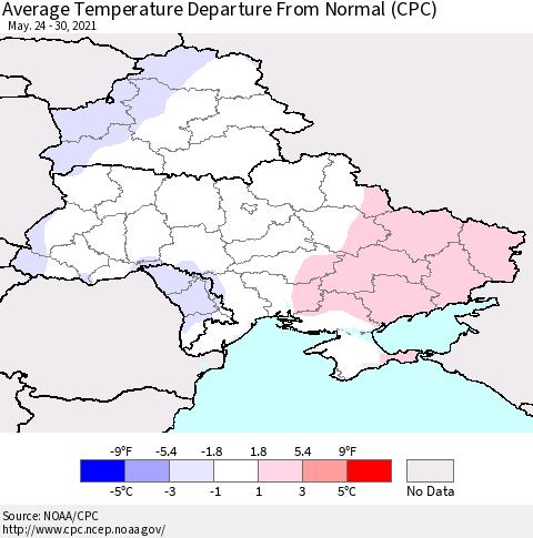 Ukraine, Moldova and Belarus Average Temperature Departure from Normal (CPC) Thematic Map For 5/24/2021 - 5/30/2021