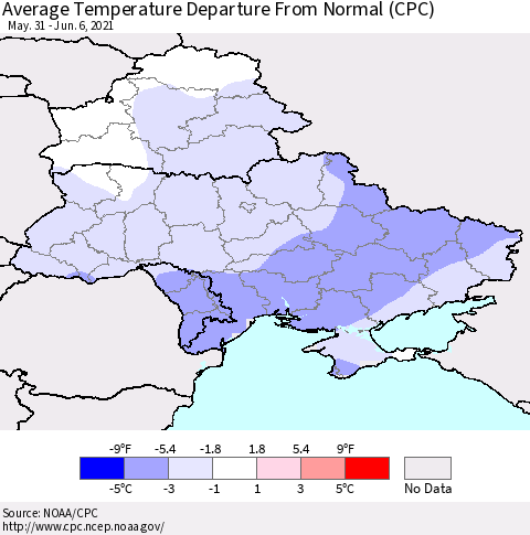 Ukraine, Moldova and Belarus Average Temperature Departure from Normal (CPC) Thematic Map For 5/31/2021 - 6/6/2021