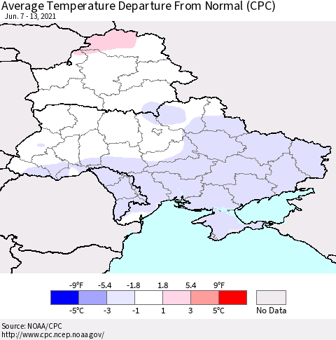 Ukraine, Moldova and Belarus Average Temperature Departure from Normal (CPC) Thematic Map For 6/7/2021 - 6/13/2021