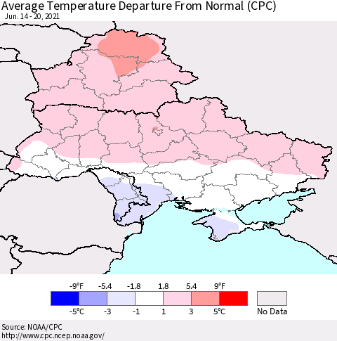 Ukraine, Moldova and Belarus Average Temperature Departure from Normal (CPC) Thematic Map For 6/14/2021 - 6/20/2021