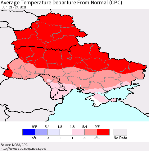 Ukraine, Moldova and Belarus Average Temperature Departure From Normal (CPC) Thematic Map For 6/21/2021 - 6/27/2021