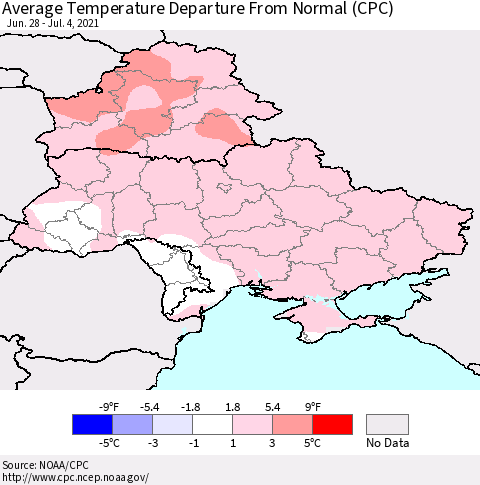 Ukraine, Moldova and Belarus Average Temperature Departure from Normal (CPC) Thematic Map For 6/28/2021 - 7/4/2021