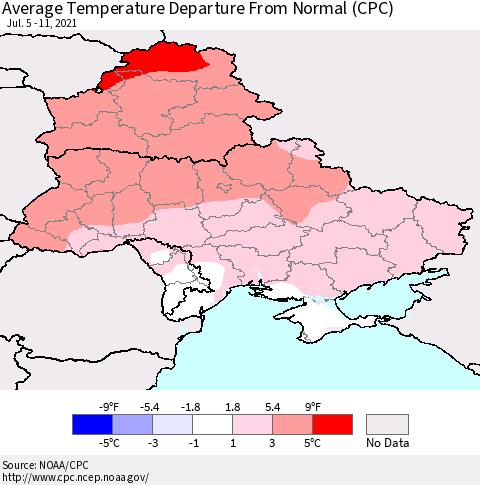 Ukraine, Moldova and Belarus Average Temperature Departure From Normal (CPC) Thematic Map For 7/5/2021 - 7/11/2021
