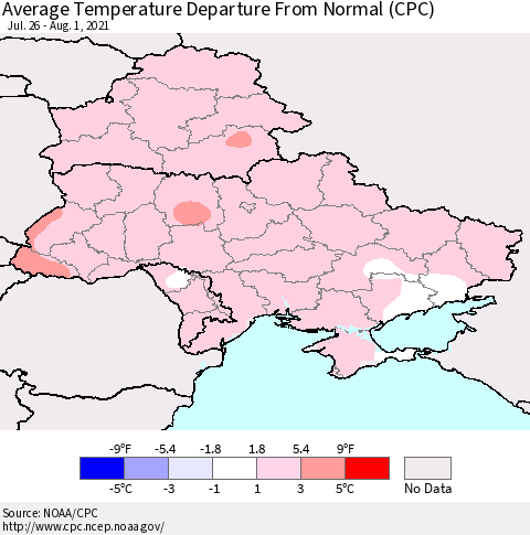 Ukraine, Moldova and Belarus Average Temperature Departure From Normal (CPC) Thematic Map For 7/26/2021 - 8/1/2021