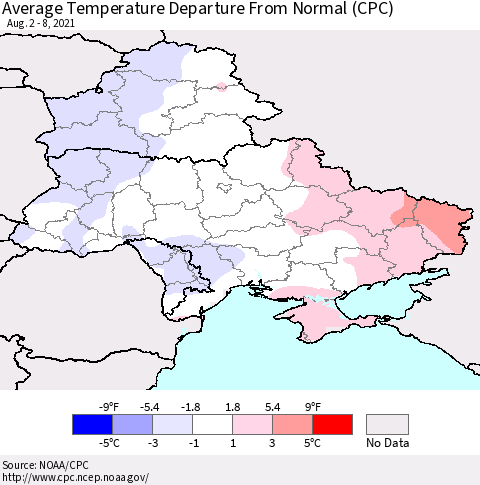 Ukraine, Moldova and Belarus Average Temperature Departure From Normal (CPC) Thematic Map For 8/2/2021 - 8/8/2021
