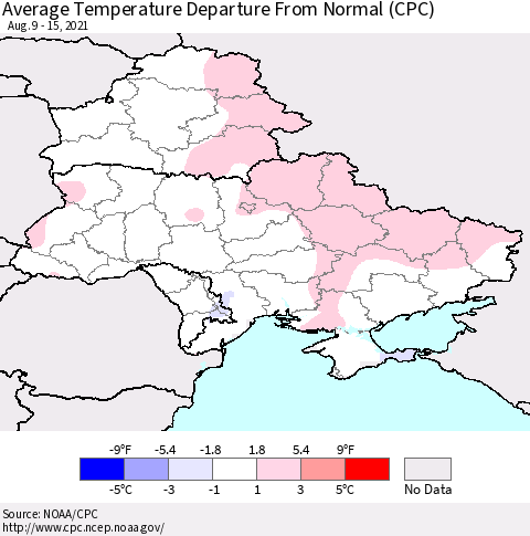 Ukraine, Moldova and Belarus Average Temperature Departure from Normal (CPC) Thematic Map For 8/9/2021 - 8/15/2021