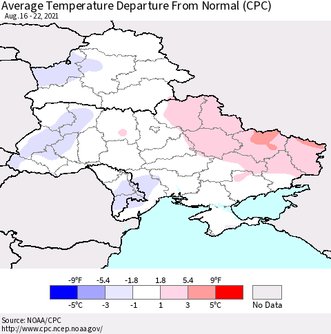 Ukraine, Moldova and Belarus Average Temperature Departure from Normal (CPC) Thematic Map For 8/16/2021 - 8/22/2021