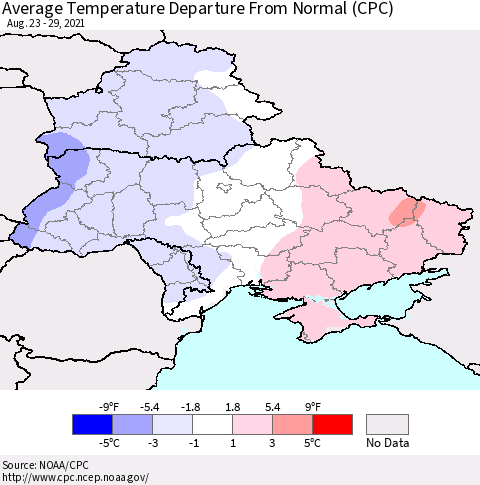 Ukraine, Moldova and Belarus Average Temperature Departure from Normal (CPC) Thematic Map For 8/23/2021 - 8/29/2021