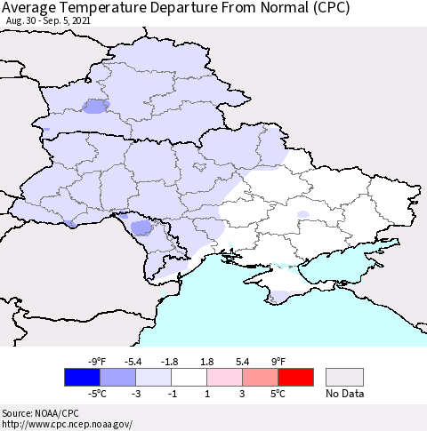 Ukraine, Moldova and Belarus Average Temperature Departure from Normal (CPC) Thematic Map For 8/30/2021 - 9/5/2021