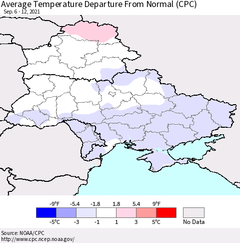 Ukraine, Moldova and Belarus Average Temperature Departure from Normal (CPC) Thematic Map For 9/6/2021 - 9/12/2021