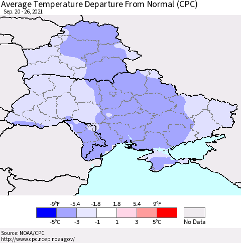 Ukraine, Moldova and Belarus Average Temperature Departure from Normal (CPC) Thematic Map For 9/20/2021 - 9/26/2021
