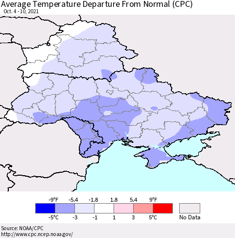 Ukraine, Moldova and Belarus Average Temperature Departure from Normal (CPC) Thematic Map For 10/4/2021 - 10/10/2021