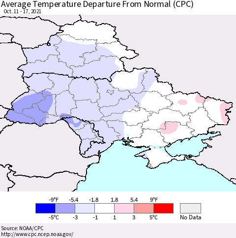 Ukraine, Moldova and Belarus Average Temperature Departure From Normal (CPC) Thematic Map For 10/11/2021 - 10/17/2021
