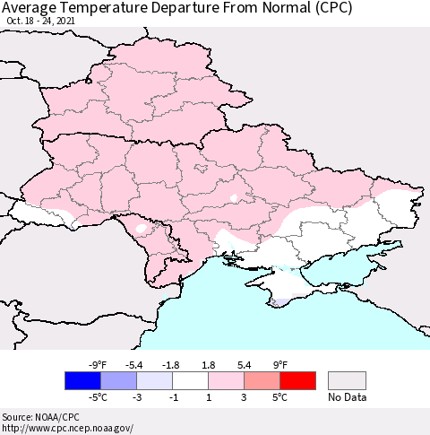 Ukraine, Moldova and Belarus Average Temperature Departure from Normal (CPC) Thematic Map For 10/18/2021 - 10/24/2021