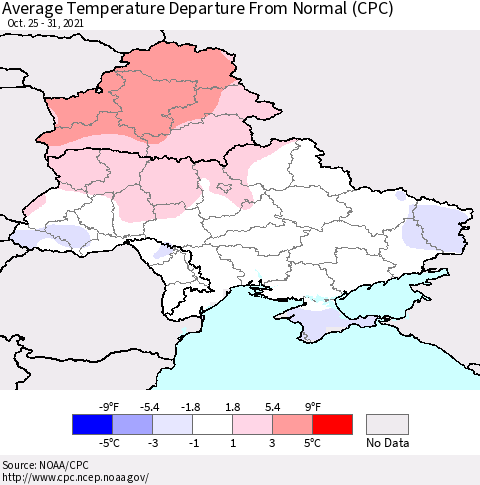 Ukraine, Moldova and Belarus Average Temperature Departure from Normal (CPC) Thematic Map For 10/25/2021 - 10/31/2021